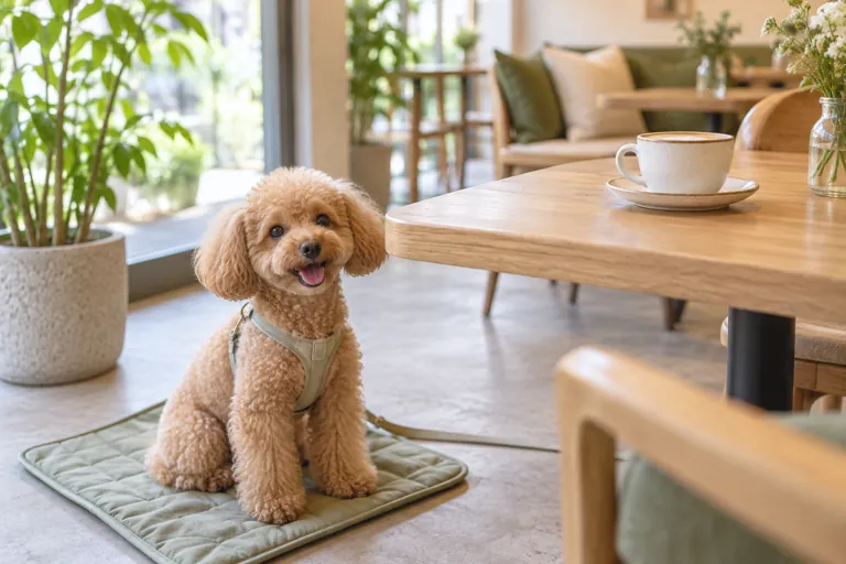カフェのテーブルのそばでくつろぐ犬のイメージ